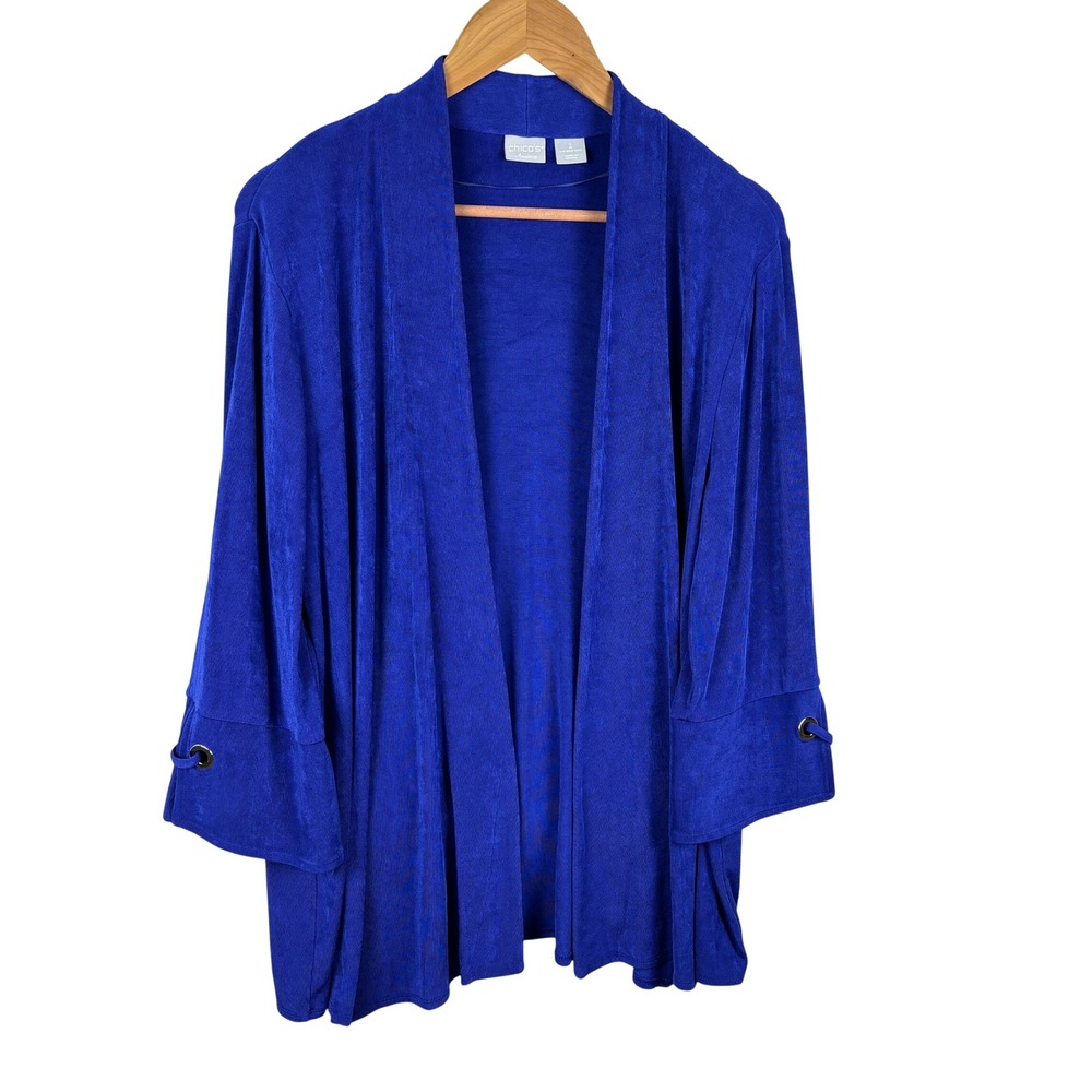 Chico's Travelers Open Long Sleeve Cardigan Grommet Cuff Sz L 12/14 Royal Blue